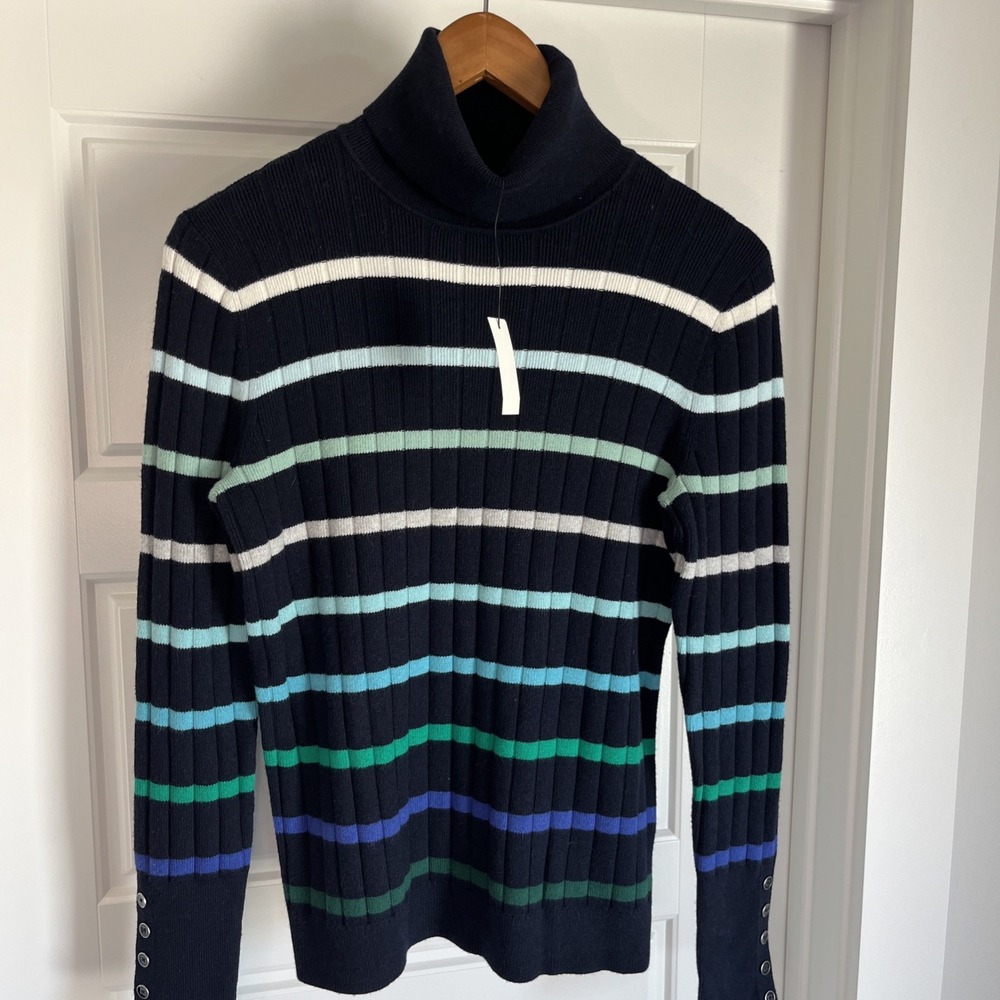 TALBOTS Blue Green Stripe Ribbed Turtleneck Sweater Button Cuff S New Nautical - Picture 3 of 12